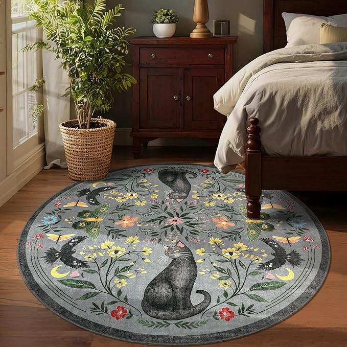 GarveeHome Round Area Rugs 5ft for Bedroom, Cat Grey Washable Circle Rug Soft Non Slip Mushroom Floral Floor Mat Carpet Indoor Thin Rug for Bedroom Dining Room Playroom Nursery Gothic Decor