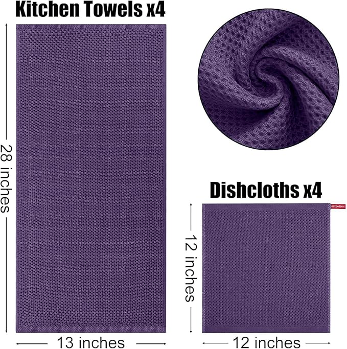 Kitinjoy 100% Cotton Kitchen Towels and Dishcloths Set, 8 Pack Waffle Weave Dish Towels Ultra Soft Absorbent Quick Drying Dish Rags, 13 x 28 Inch and 12 X 12 Inch, Eggplant