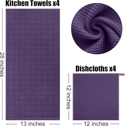 Kitinjoy 100% Cotton Kitchen Towels and Dishcloths Set, 8 Pack Waffle Weave Dish Towels Ultra Soft Absorbent Quick Drying Dish Rags, 13 x 28 Inch and 12 X 12 Inch, Eggplant