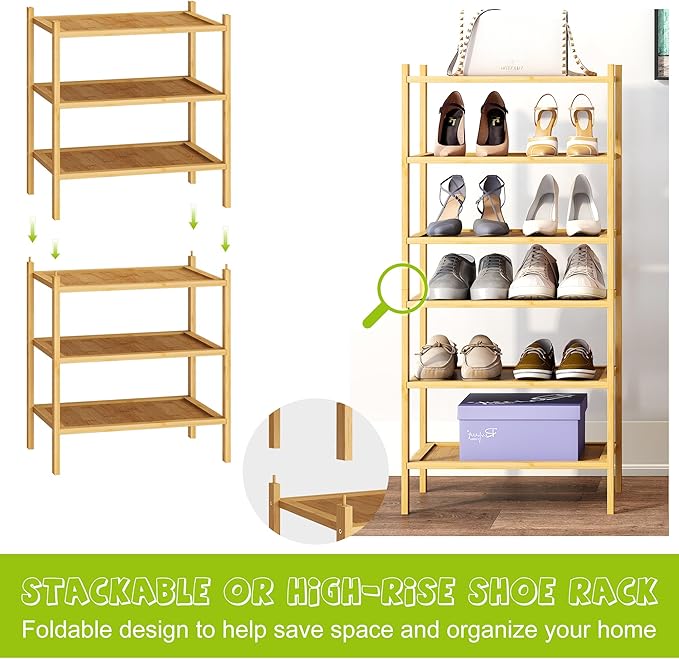 BMOSU 6-Tier Bamboo Small Shoe Rack Premium Stackable Shoe Shelf Storage Organizer for Hallway Closet Living Room Entryway Organizer(Natural)