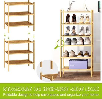 BMOSU 6-Tier Bamboo Small Shoe Rack Premium Stackable Shoe Shelf Storage Organizer for Hallway Closet Living Room Entryway Organizer(Natural)