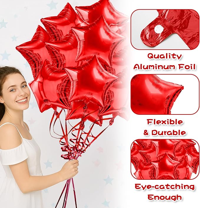 Red Star Balloons Foil Mylar Balloon Set Helium Metallic 12pcs 18 Inch Red Birthday Decorations Room Decor Graduation Decorations 2025 Party Decoration Baby Shower Anniversary Wedding