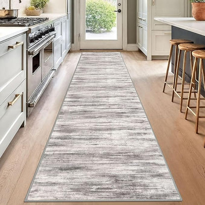 KOZYFLY Modern Abstract Washable Rug Runner 2.6x12 Hallway Rug Runner Non-Slip Soft Kitchen Runner Rugs, Grey-Beige Striped Carpet for Entryway Bathroom Laundry Room Foyer