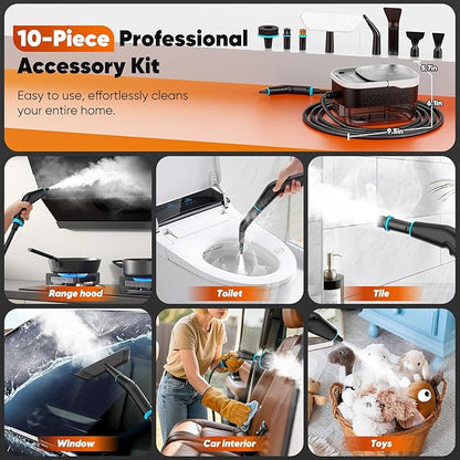Steam Cleaner, 2500W Heavy Duty Pressurized Handheld Steamer with Built-in 1.32 qt Water Tank & 10 Accessories – for Kitchen, Bathroom, Car, Floors, Furniture, Tile & Windows (Black/White)