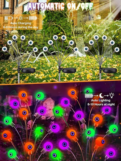 6 Pack Halloween Decorations Outdoor Solar Eyeball Lights, Purple Orange and Green Scary Eyeball Swaying Firefly Lights with 2 Modes, Waterproof Halloween Pathway Lights for Yard Garden Party Decor