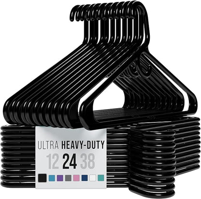 NEATERIZE Ultra Heavy Duty Plastic Clothes Hangers - Black - Durable Coat, Suit and Clothes Hanger. Perchas De Ropa (24 Pack - Black)