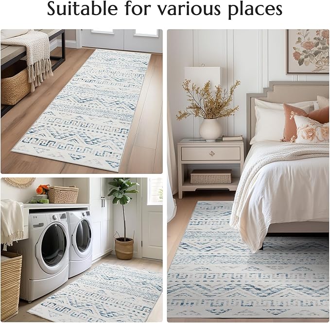 jinchan Boho Runner Rug 2x6 - Moroccan Machine Washable Non-Slip Bohemian Diamond Low-Pile Soft Runner Rug for Entryway Hallway Kitchen Bedroom Laundry Room (2‘x6', Blue)
