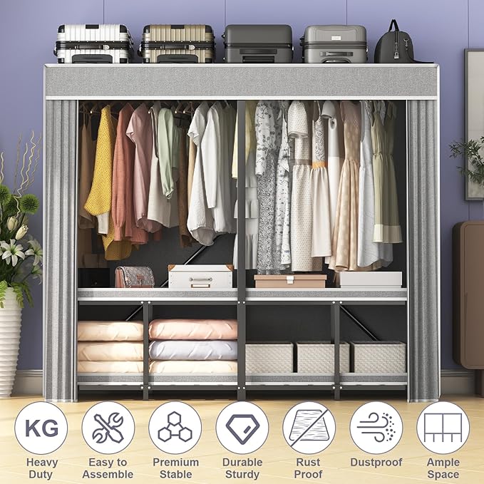 95% Assembeld Strong Garment Rack, 59" L Premium Metal Clothes Organizers and Storage, Portable Foldable Freestanding Heavy Duty Clothes Rack with Cover,Black