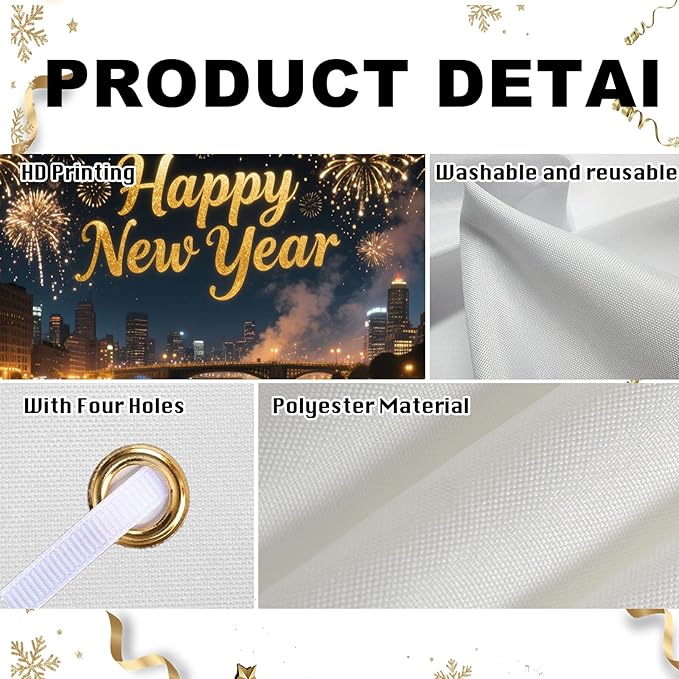 Nuxovilar Happy New Year Banner, City Night Fireworks Backdrop for Party Decorations, 71x43 Inch