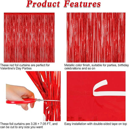 2 Pack Red Tinsel Backdrop, 3.28 FT x 7.05 FT Fringe Curtains, Red Foil Tinsel Party Streamer Backdrop Curtains, Wedding Photo Backdrop Party Decorations for Wedding Anniversaries