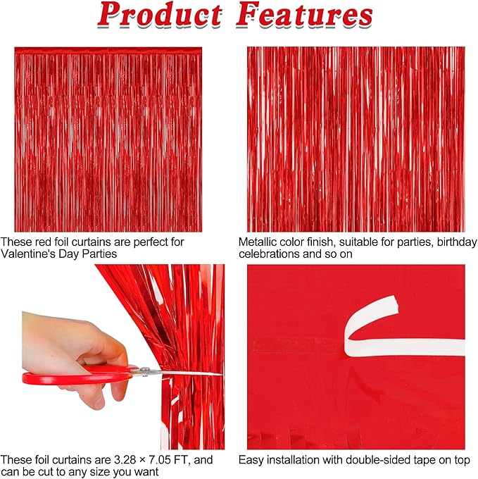 4 Pack Red Backdrop, 3.28 FT x 7.05 FT Party Streamer, Metallic Birthday Tinsel Backdrop Foil Fringe Curtains, Door Streamer for Red Party Decorations Casino Decor Photo Booth Props