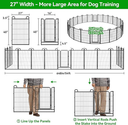 Dog Playpen Outdoor 24 Piece Panels Heavy Duty Dog Fence 40" Height Anti-Rust with Doors Portable for RV Camping Yard, Total 54FT, 227 Sq.ft, Snowy Black