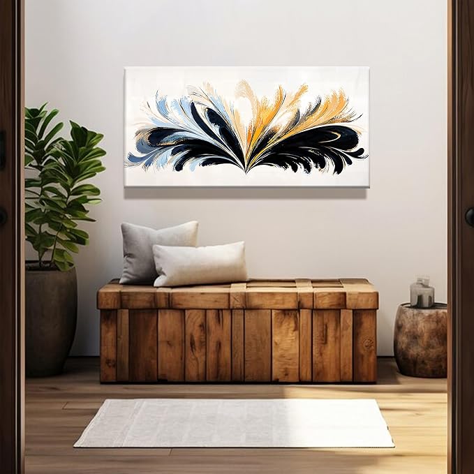 QSQ Black And Gold Abstract Wall Art Print Painting Canvas Art Wall Decor Artwork Abstract Blue Feather Wall Decor Pictures For Bedroom Kitchen Office Artwork 20 X 40 Inch Ready To Hang