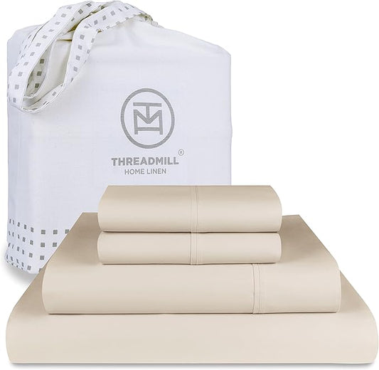 Threadmill American Supima King Size Sheets Set | 656 Thread Count 4 Piece Luxury Bed Sheets for King Size Mattress | 5 Star Hotel Quality Sheets with Elasticized Extra Deep Pocket | Beige Sheets
