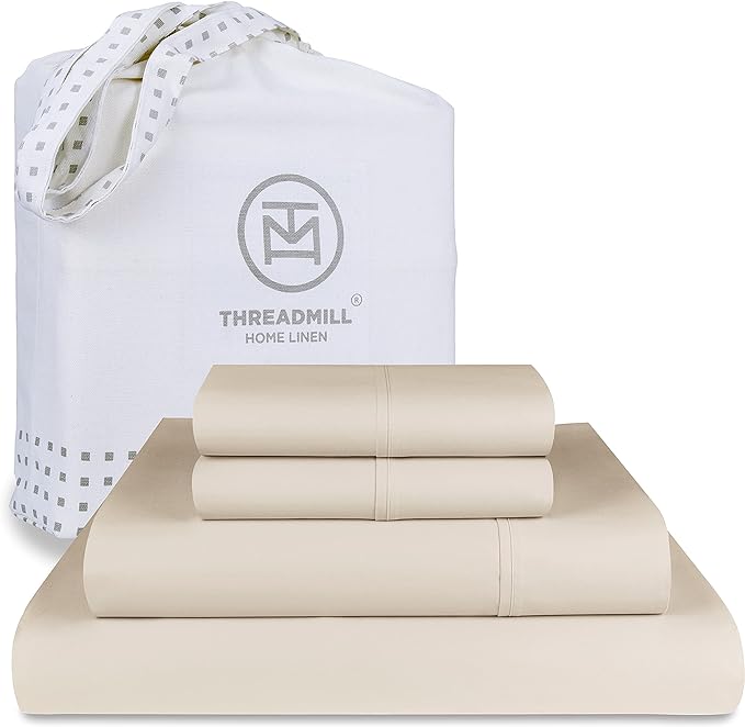 Threadmill 100% Cotton Sheets for King Size Bed - 600 Thread Count King Bed Sheets Set with 16” Deep Pocket - Sateen Weave 4-Piece Bedding Set with Cooling Effect, Beige