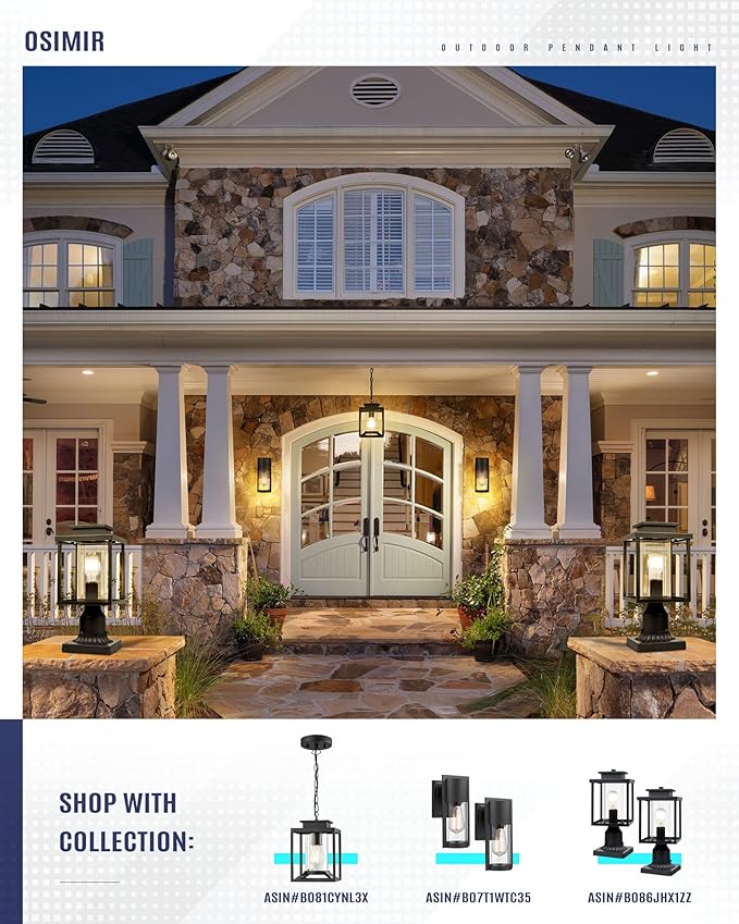 Outdoor Pendant Light for Porch, 1-Light Black Hanging Porch Light Modern Exterior Hanging Lantern with Cylinder Glass and Adjustable Chain for Gazebo, 2353/1H