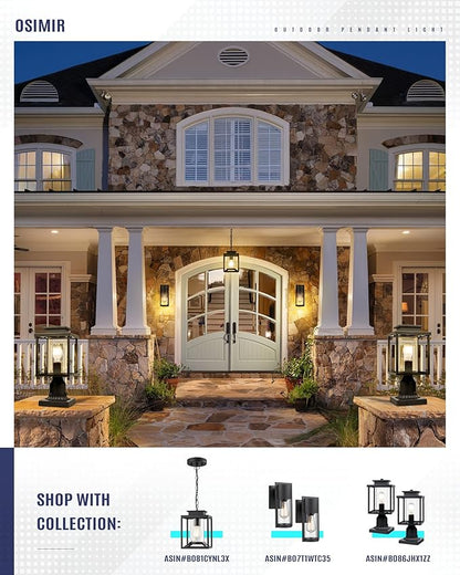 Outdoor Pendant Light for Porch, 1-Light Black Hanging Porch Light Modern Exterior Hanging Lantern with Cylinder Glass and Adjustable Chain for Gazebo, 2353/1H