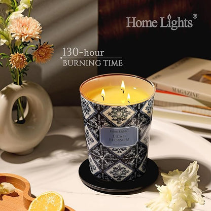 HomeLights Scented Candles | Large Jar 34 Oz Natural Soy Candle | 130 hrs Long-Lasting with 3 Wicks | Bohemian Natural for Home Decor | Gifts for Mom & Women, Lilac Blossom