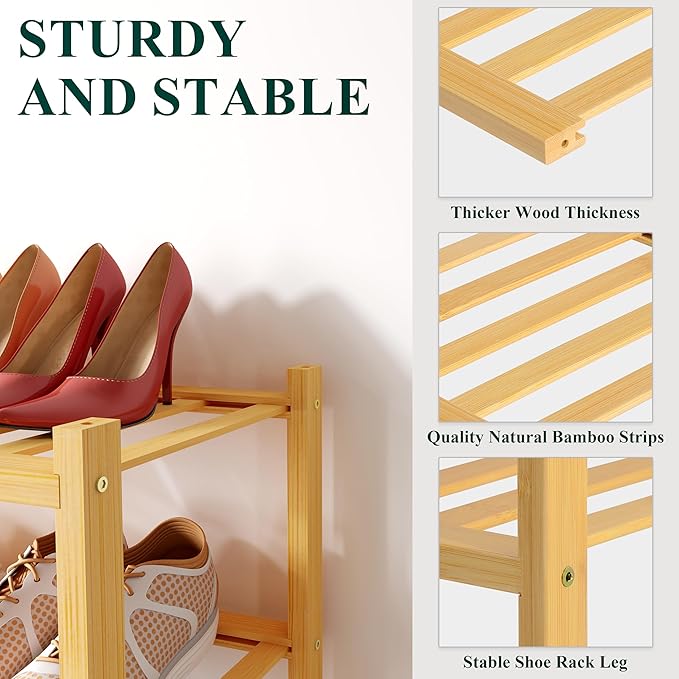 Smiry Bamboo Shoe Rack for Closet, 3 Tier Wooden Stackable Shoe Organizer, Free Standing Shoes Storage Shelf for Entryway, Front Door Entrance, Natural & Black