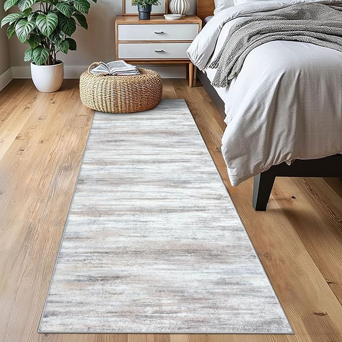 KOZYFLY Modern Abstract Runners for Hallways, 2x7 Kitchen Rugs Non-Slip Washable Soft Striped Kitchen Runner Rugs, Print Beige Carpet Runner for Entryway Bathroom Laundry Room Foyer