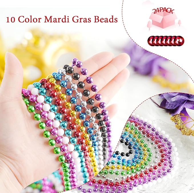 YAXINRUI 30 PCS Mardi Gras Beads, Party Beads Necklaces for Mardi Gras, Christmas, St. Patrick's Day, Party Favors, Metallic Colorful Throw Beads Accessories in 10 Colors
