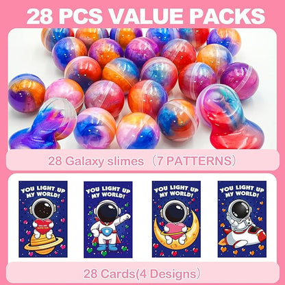 28 Pack Valentines Day Gifts for Kids,Galaxy Slime with Valentines Cards for Kids, Stress Relief Fidget Toys Set, Classroom Exchange Gifts, Valentine's Day Party Favors, School Prizes