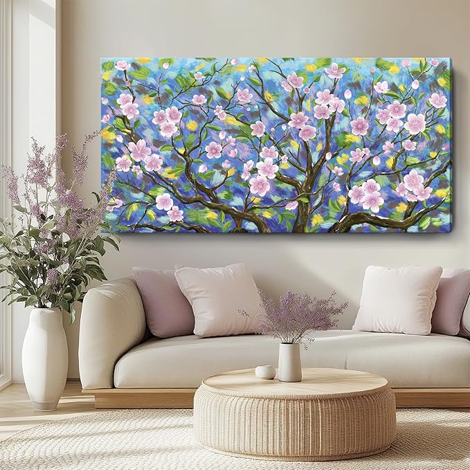 ARTZON Extra Large Pink Wall Art Abstract Flower Plum Blossom Botanical Canvas Prints Oversized Nature Artwork Tree Landscape Horizontal Big Picture for Home Living Room Bedroom Office Decor 58"x29"
