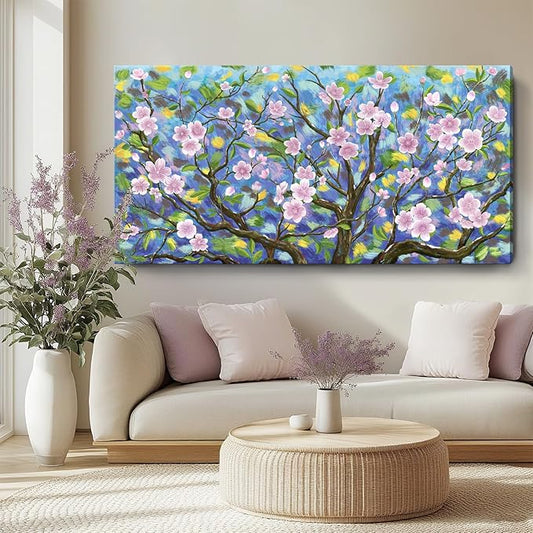 ARTZON Extra Large Pink Wall Art Abstract Flower Plum Blossom Botanical Canvas Prints Oversized Nature Artwork Tree Landscape Horizontal Big Picture for Home Living Room Bedroom Office Decor 58"x29"