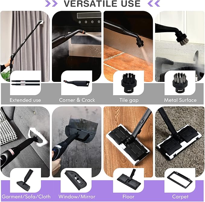 COSTWAY 2000W Multipurpose Steam Cleaner with 19 Accessories, Household Steamer w/ 1.5L Tank for Cleaning, Heavy Duty Rolling Cleaning Machine for Carpet, Floors, Windows and Cars (Purple)