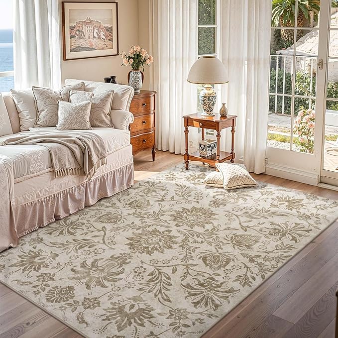 jinchan Floral 5x7 Area Rugs, Vintage-Inspired Neutral Design Accent Rug, Machine Washable Ultra-Thin Low-Pile Non-Slip Traditional Carpet for Living Room Bedroom Dining Room Home Office, Taupe