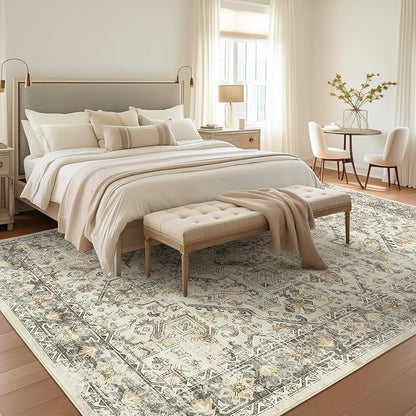 zesthome 5x7 Area Rugs - Ultra-Thin Washble Rug, Stain Resistant Anti Slip Backing Rugs for Living Room,Bedroom, Vintage Home Decor Area Rug (Beige/Brown,5'x7')
