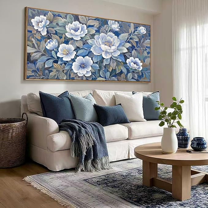 ARTZON Framed Extra Large Canvas Wall Art Blue Floral Peony Blossom Picture Botanical Flower Prints Oversized Horizontal Art work for Wall Decor Home Above Bed Dining Room Living Room Hallway 58"x29"