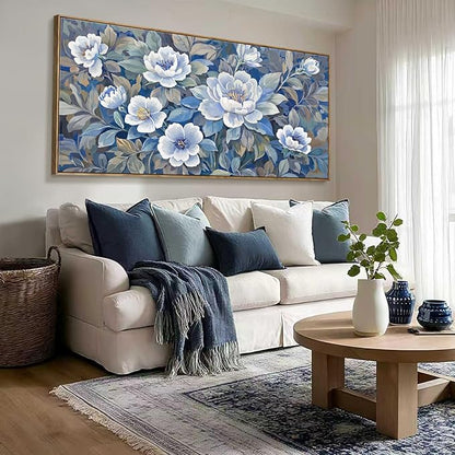 ARTZON Framed Extra Large Canvas Wall Art Blue Floral Peony Blossom Picture Botanical Flower Prints Oversized Horizontal Art work for Wall Decor Home Above Bed Dining Room Living Room Hallway 58"x29"
