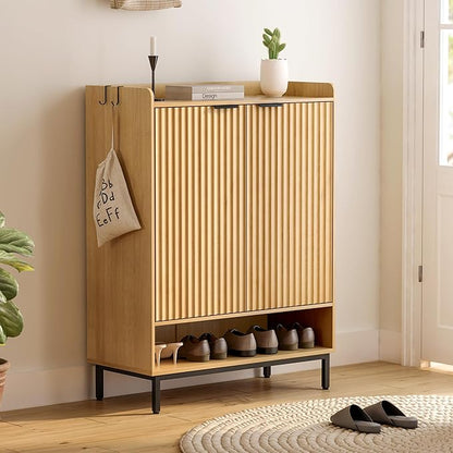 Fluted Shoe Cabinet with Doors, Large Wooden Shoe Storage Cabinet with Adjustable Shelves, Modern Tall Freestanding Shoe Rack Organizer for Entryway, Hallway Natural Oak