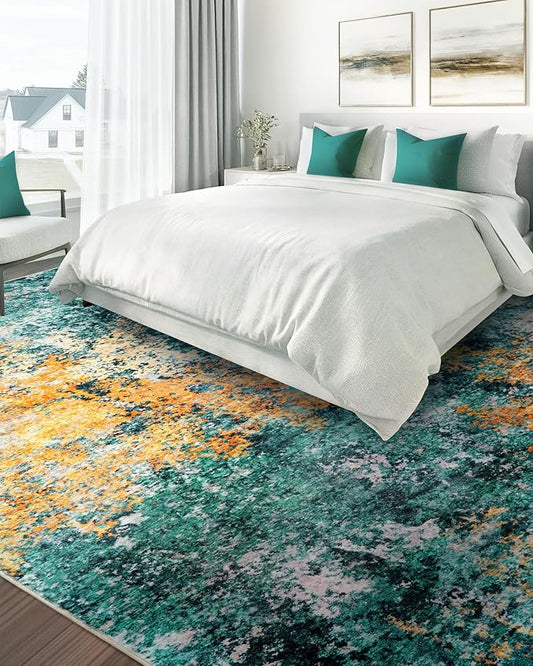 Washable Area Rug for Living Room: 6x9 Modern Abstract Neutral Soft Rug for Bedroom Dining Room No Slip Low Pile Carpet for Nursery Home Office - Teal/Orange