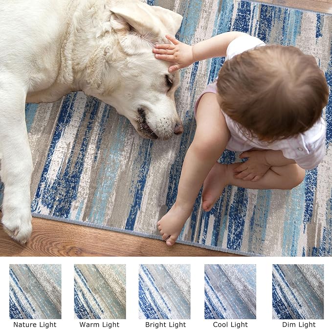 Modern Abstract Kitchen Rug Set of 2, 2x3 and 2x6 Blue Washable Rug Runner Non Slip Kitchen Mat, Soft Faux Wool Throw Carpet for Entryway, Hallway, Bedroom, Bedside, Laundry Room, Office