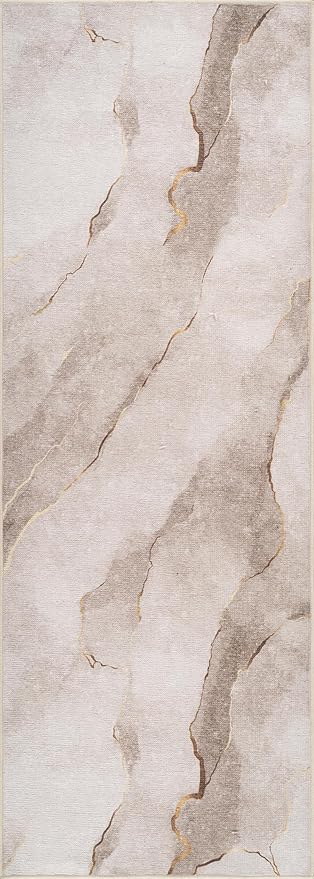 Bloom Rugs Caria Washable Non-Slip 10 ft Runner - Ivory/Gold Modern Abstract Runner for Entryway, Hallway, Bathroom, and Kitchen - Exact Size: 2'6" x 10'