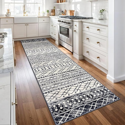 KUTA Moroccan Washable Runner Rug, 2.6x10 Non-Slip Vintage Black Navy Blue Boho Hallway Kitchen Rugs Ultra Soft Geometric Floor Carpet Runners for Bedroom Laundry Living Room