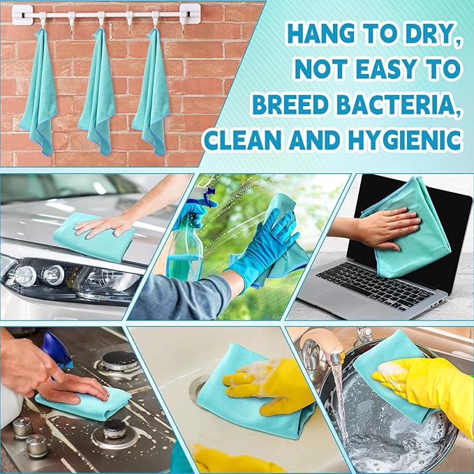 Maxcheck 24 Pack Magic Cleaning Cloth, 16 x 16 Inch Microfiber Glass Cleaning Cloths Reusable Lint Free Microfiber Towels for Kitchen Dish, Windows, Mirror, Glass, Car(Green)
