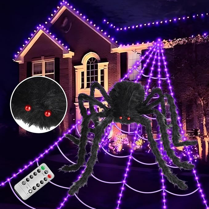 Brighter Spider Web Lights Halloween Decorations Outdoor, 2025 Upgraded 250 Purple LED Lights 16.4ft Spider Web with 48 Inches Giant Spider, 8 Modes, Timer & Memory Function, Outdoor Halloween Decor