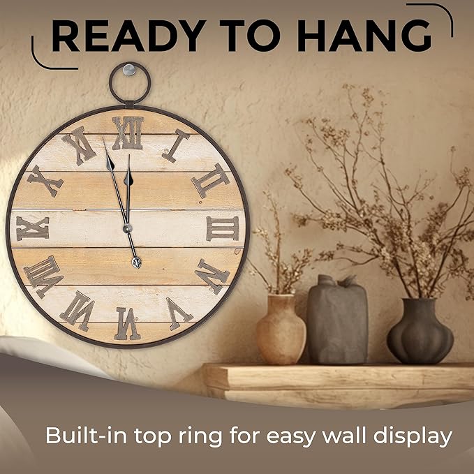 Large Wooden Wall Clock - Antique, Vintage, Rustic, Country Farmhouse Style - Real Wood - Iron Roman Numeral Design - Built-in Wall Hanging Ring - 23.5" x 28"