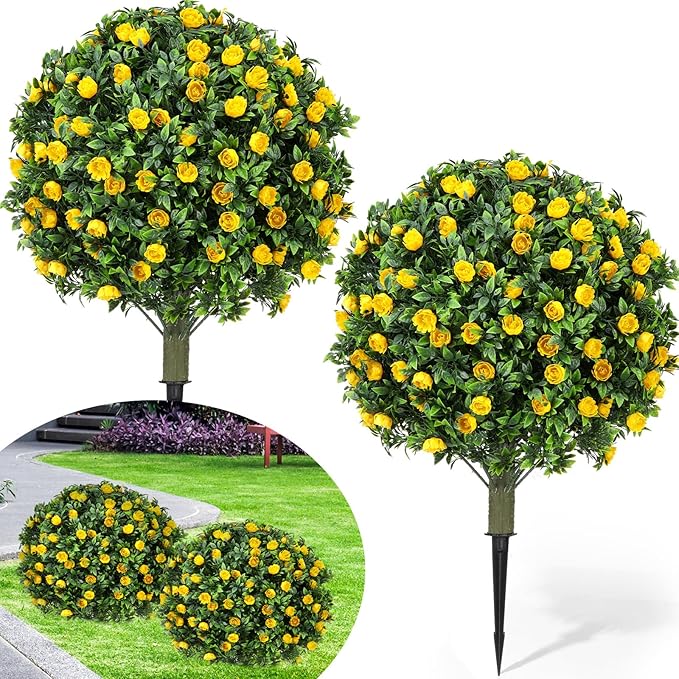 24 Artificial Topiary Ball Tree with Flower Set of 2,Outdoor Fake Topiary with Ground Spike,UV Resistant Faux Artificial Plant Bushes for Indoor Outdoor Front Porch Garden Decor(Yellow)