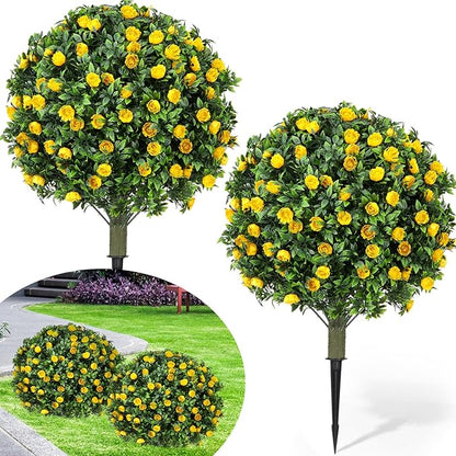 24 Artificial Topiary Ball Tree with Flower Set of 2,Outdoor Fake Topiary with Ground Spike,UV Resistant Faux Artificial Plant Bushes for Indoor Outdoor Front Porch Garden Decor(Yellow)