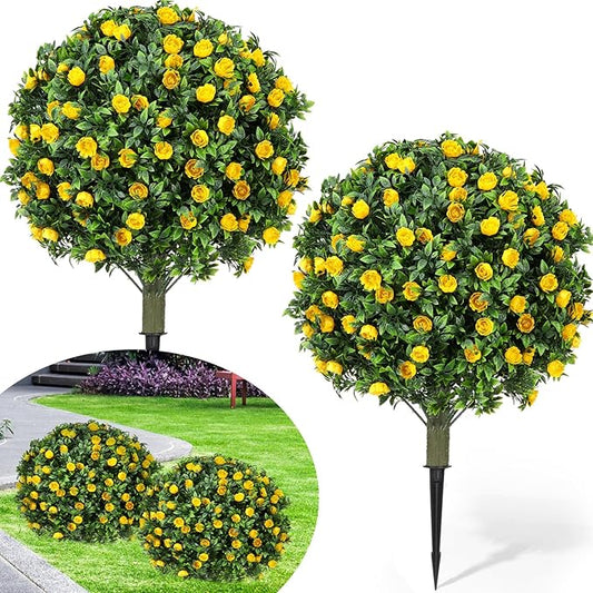 24 Artificial Topiary Ball Tree with Flower Set of 2,Outdoor Fake Topiary with Ground Spike,UV Resistant Faux Artificial Plant Bushes for Indoor Outdoor Front Porch Garden Decor(Yellow)
