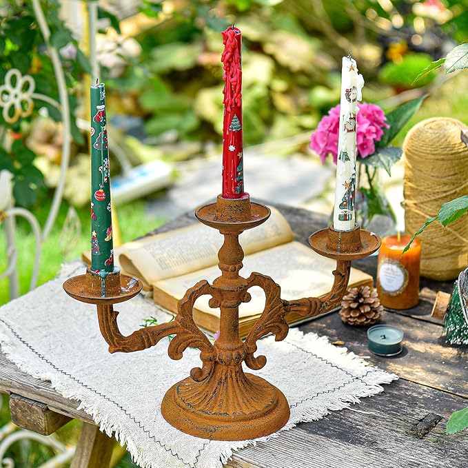 Sungmor Vintage 3-Arm Cast Iron Candelabra, 9.2" Tall Heavy-Duty Rustic Candle Holder for Home Decor, Decorative Candle Stand Centerpiece for Dinners/Weddings/Halloween/Christmas etc Festivals