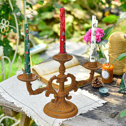 Sungmor Vintage 3-Arm Cast Iron Candelabra, 9.2" Tall Heavy-Duty Rustic Candle Holder for Home Decor, Decorative Candle Stand Centerpiece for Dinners/Weddings/Halloween/Christmas etc Festivals