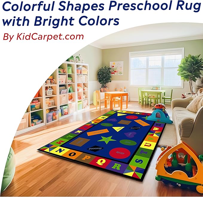 Colorful Shapes Preschool Rug with Bright Colors, 7'6" x 12' Rectangle, Multicolored, Educational Classroom Rug, Kids Learning Play Mat | Area Rug for Bedroom or Playroom