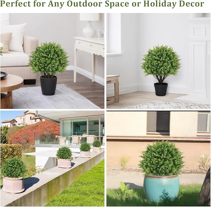 24" Artificial Cedar Topiary Trees Set of 2 – UV Resistant Faux Cypress Pine Plants for Outdoor Planters, Realistic Fake Bushes and Shrubs for Front Porch, Patio Christmas Decor – 2ft Tall
