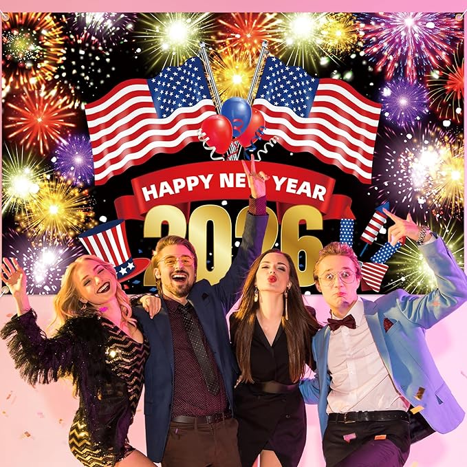 Happy New Year Banner 2026 72x44 Inch Illuminated Firework Design New Years Eve Party Decorations Holiday Celebration Banner Props Backdrop