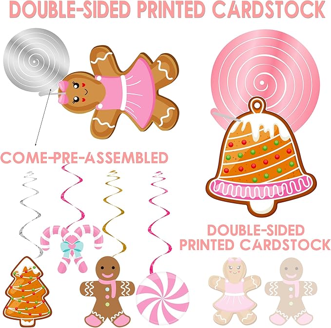 Christmas Gingerbread Man Party Hanging Swirl Decorations 20PCS Pink Merry Gingerbread House Christmas Tree Ceiling Decor Xmas Candy Hanging Streamers for Girls Winter Holiday Party Supplies